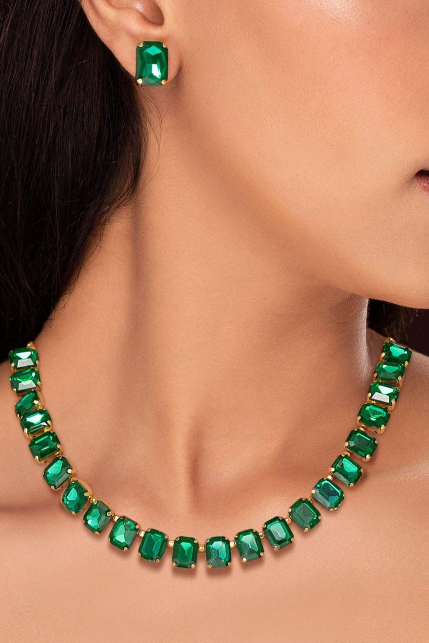 Green Emerald Jewellery Set with Earrings Necklace (Gold)