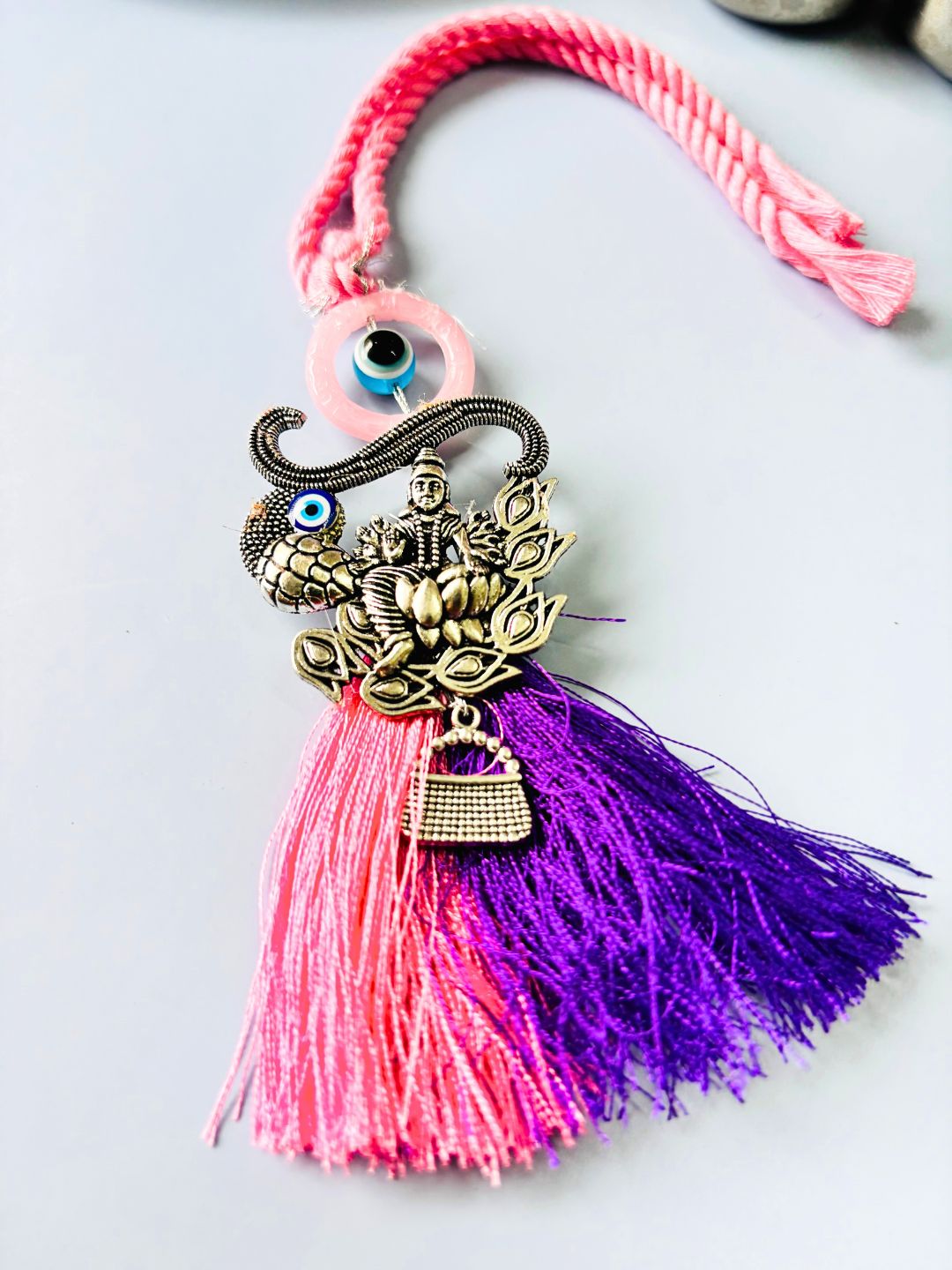 Evil Eye Oxidized Silver Lakshmi Maa Lumba Rakhi Set for Bhaiya Bhabhi with Roli Chawal