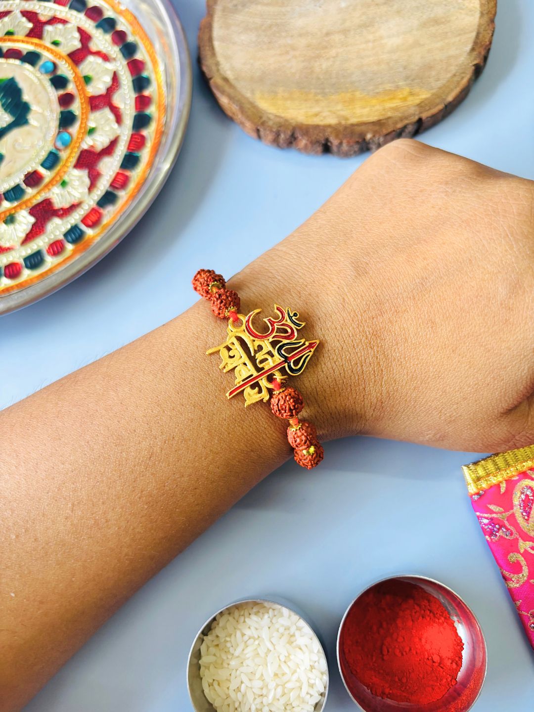 Om Namah Shivaay Rudraksh Traditional Rakhi with Roli Chawal for Brother