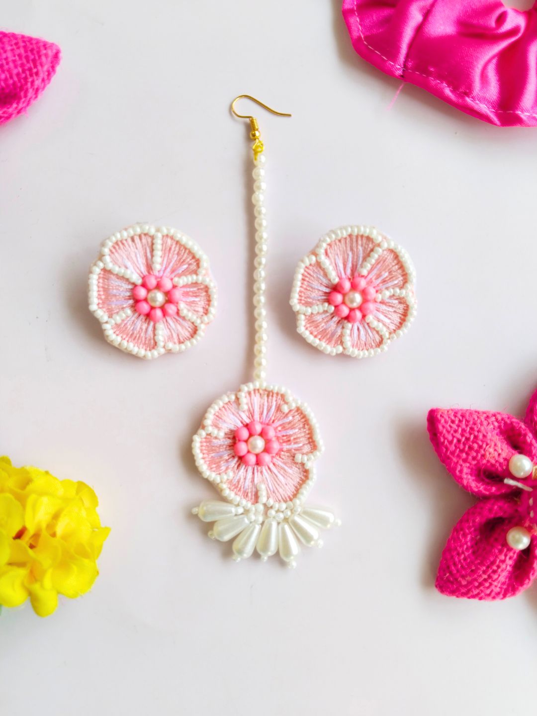 Flower Blossom Bridal Maangtika Earrings Set (Pink and Blue)