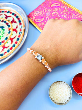 Orange AD Stone Rakhi with Roli Chawal for Brother