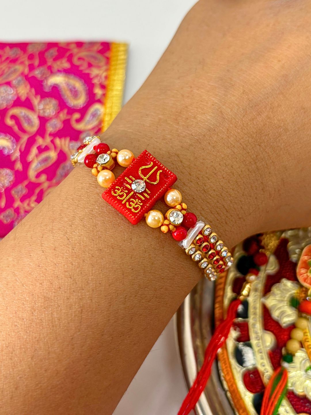Traditional Embellishment Thread Rakhi with Roli Chawal for Brother (Pack of 3 Rakhis)