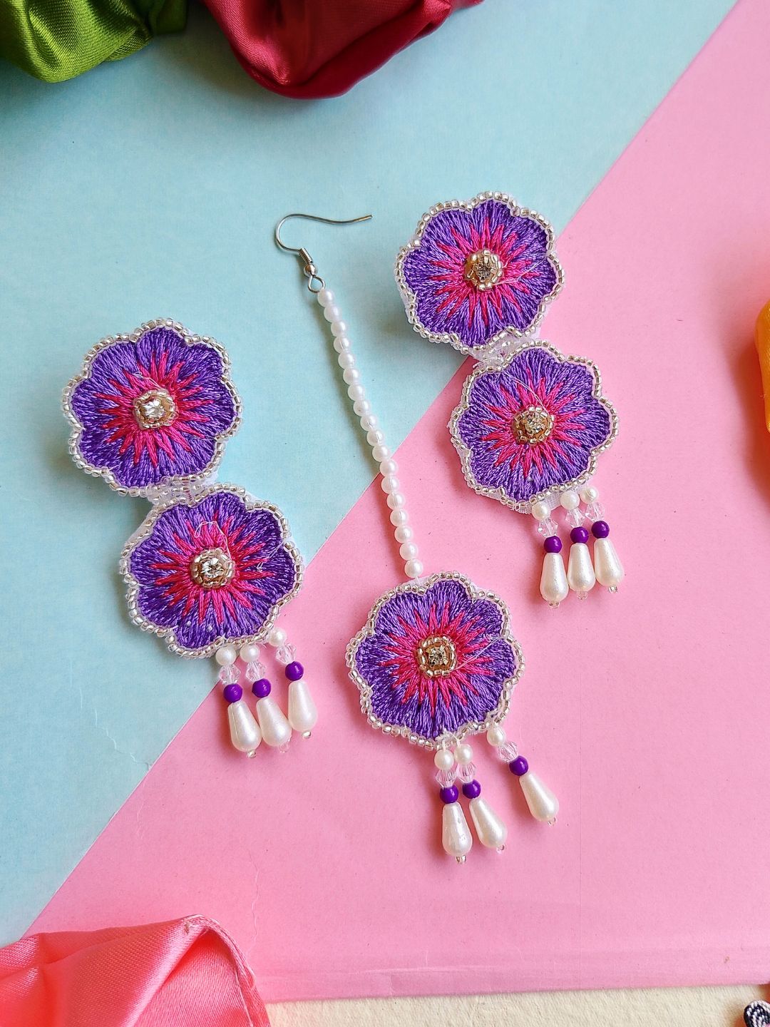 Bloom Floral Bridal Maangtika Earrings Set (Pink Purple)