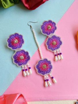 Bloom Floral Bridal Maangtika Earrings Set (Pink Purple)