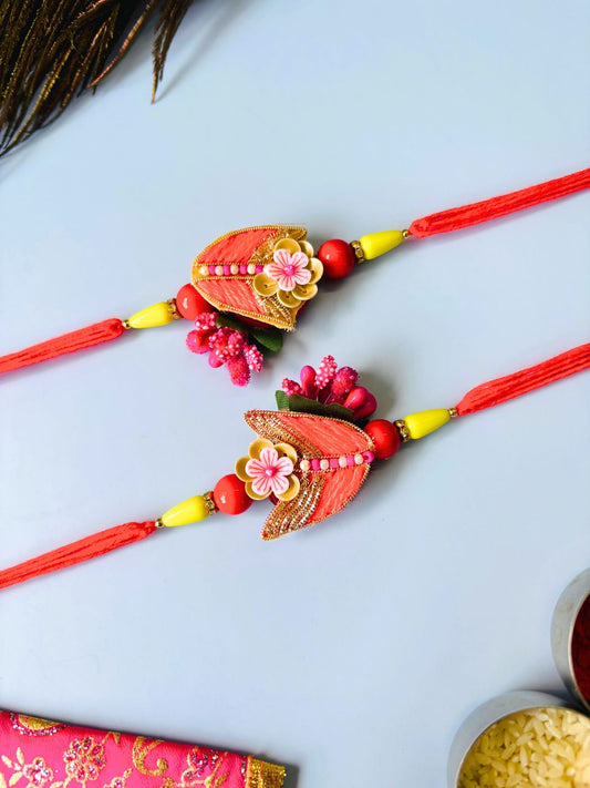 Cute Floral Rakhi with Roli Chawal for Brother (Pack of 2: Orange)
