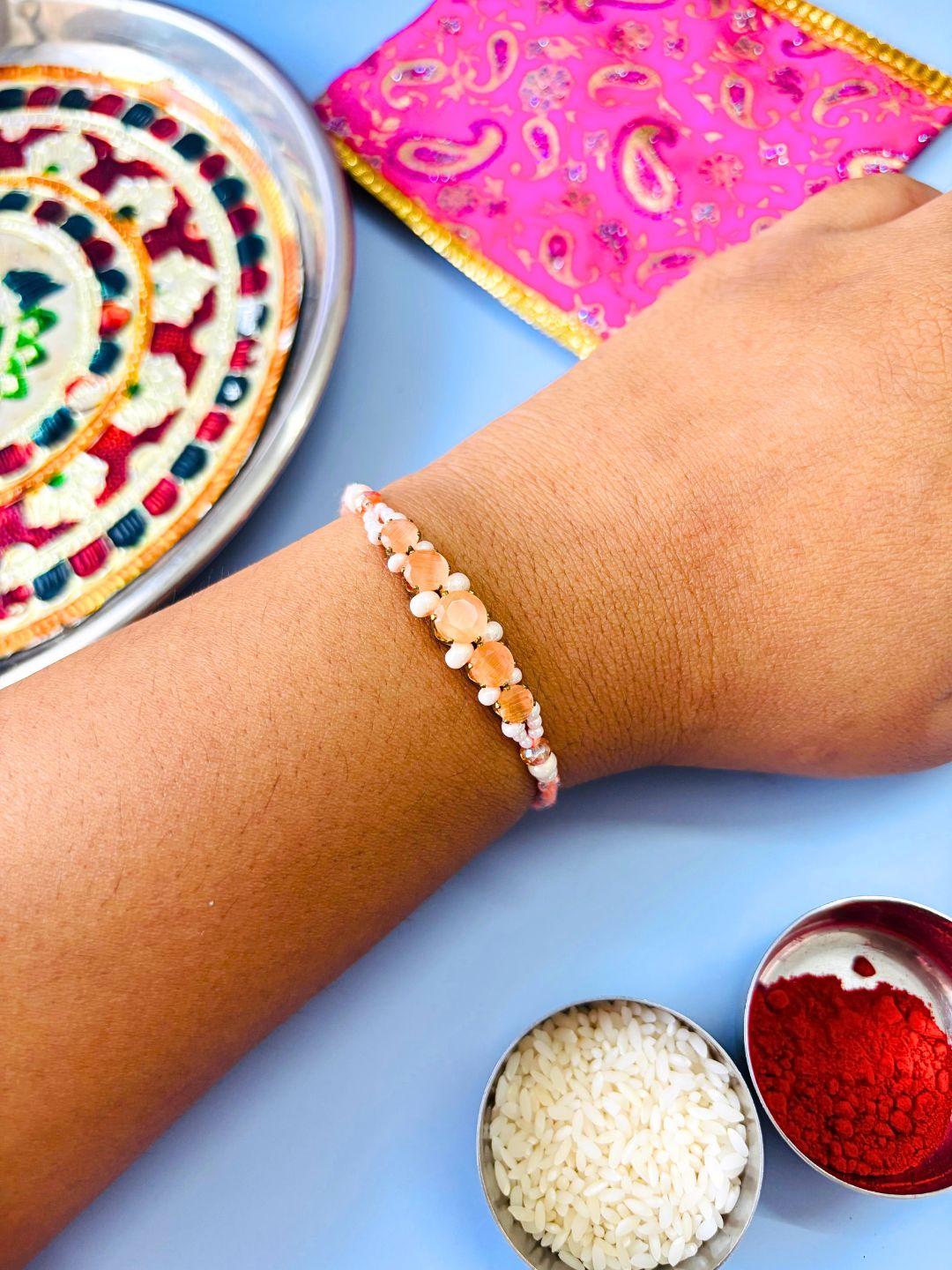 Orange Stone Rakhi with Roli Chawal for Brother (Pack of 2)