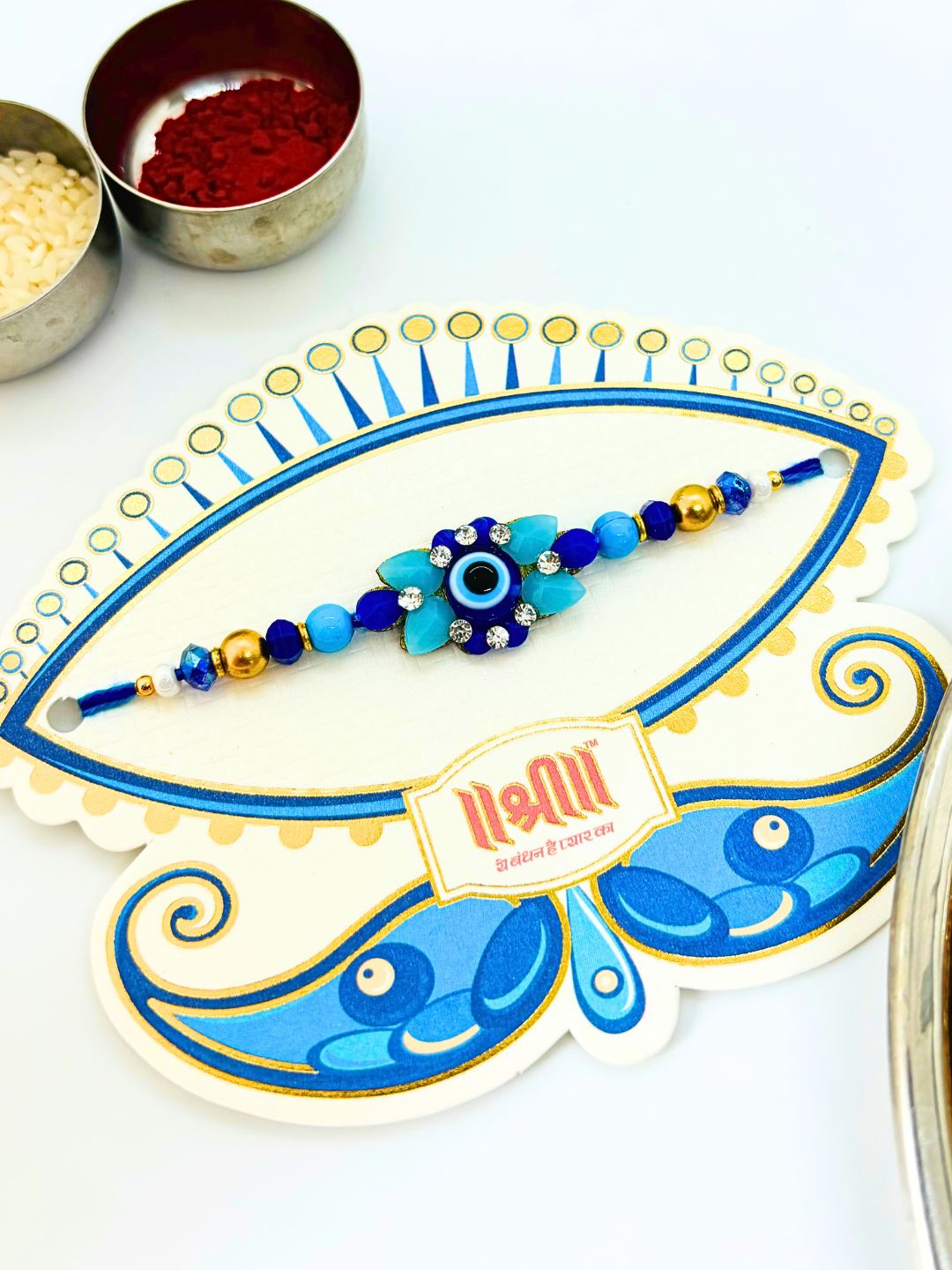 Evil Eye Beaded Thread Rakhi with Roli Chawal (Pack of 1)