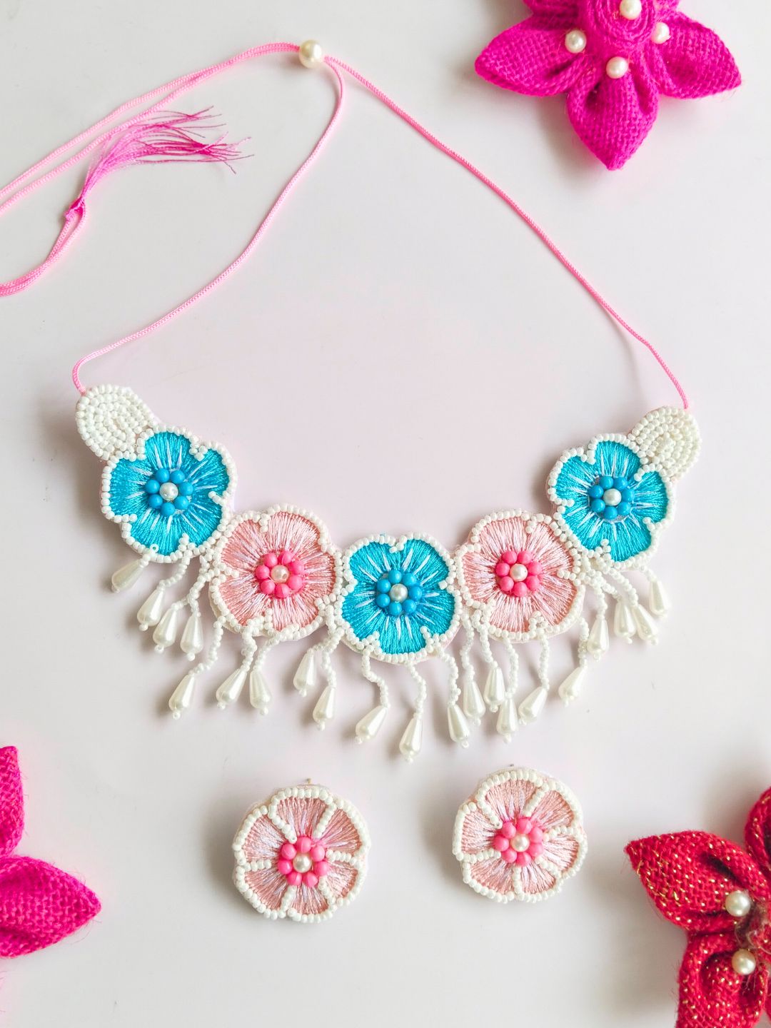 Flower Blossom Choker Set (Pink and Blue)