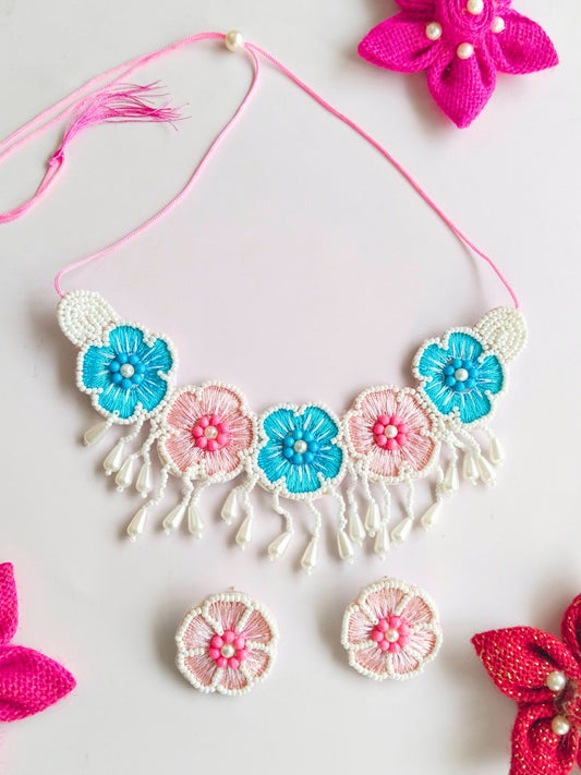 Flower Blossom Choker Set (Pink and Blue)