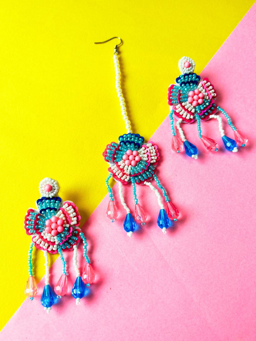 Floral Bridal Maangtika Earrings Set (Pink-Blue)