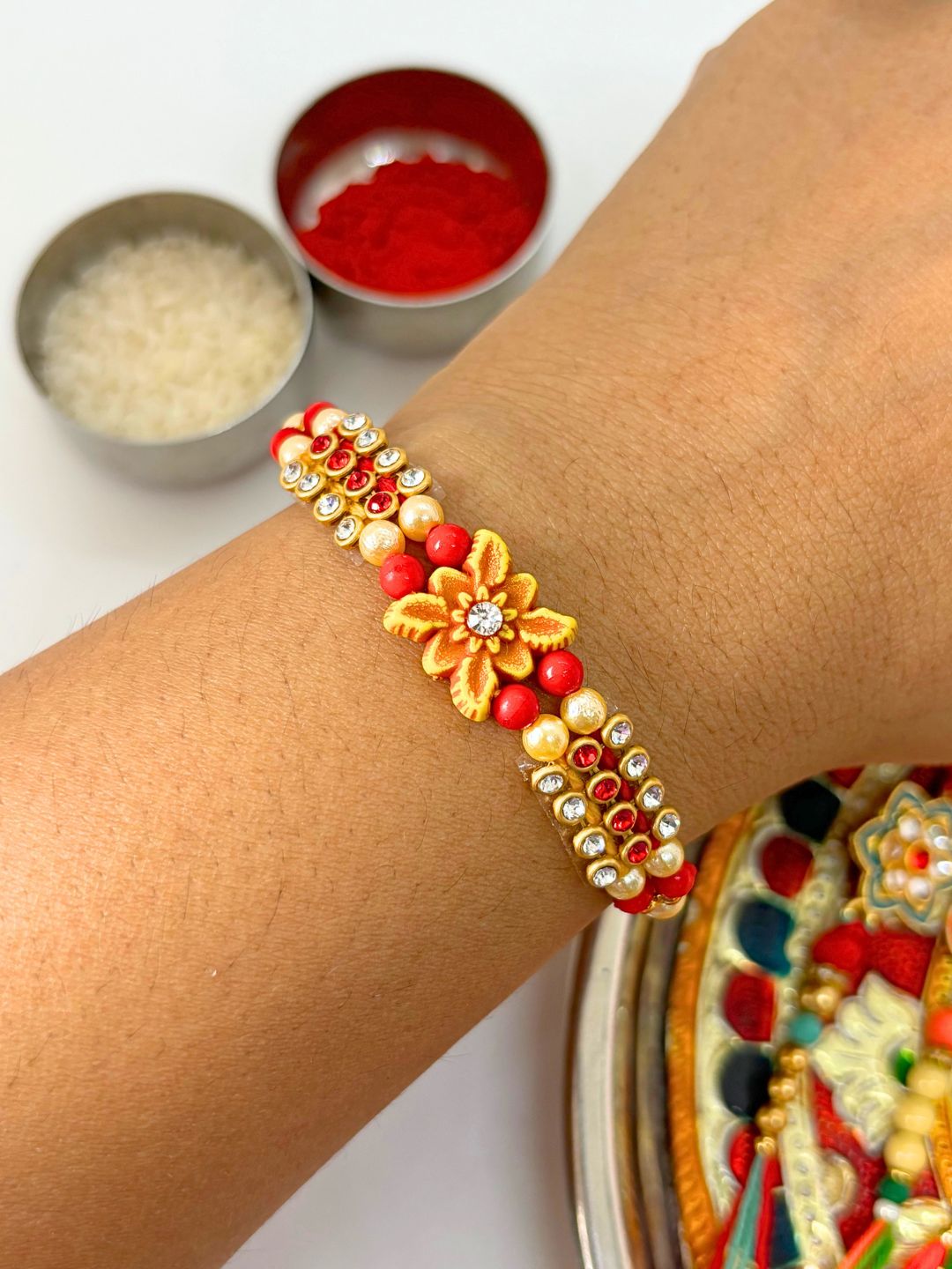 Traditional Embellishment Thread Rakhi with Roli Chawal for Brother (Pack of 3 Rakhis)