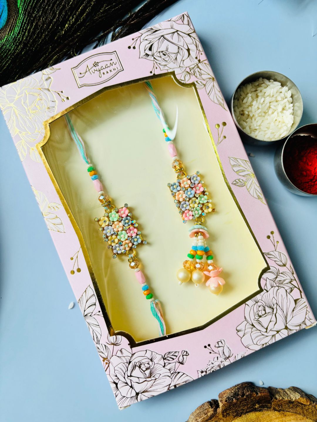 Pastel Lumba Rakhi Set for Bhaiya Bhabhi with Roli Chawal