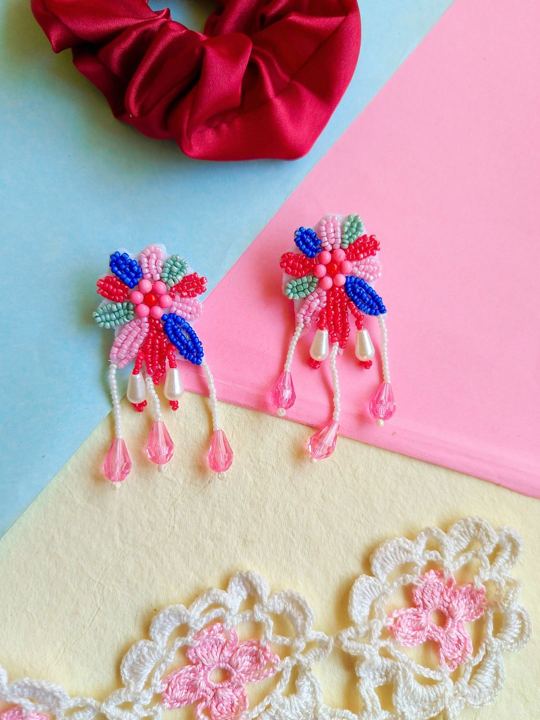 Rang Floral Maangtika Earrings Set (Pink Blue Green)