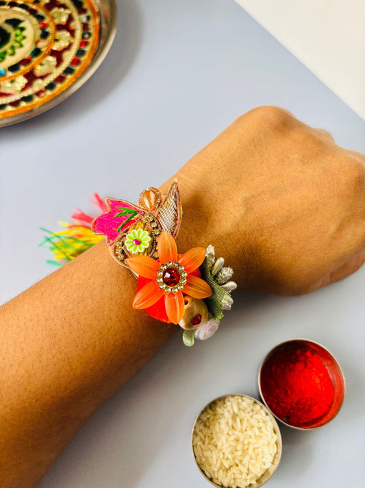 Embellished Floral Rakhi with Roli Chawal for Brother (Pack of 1)