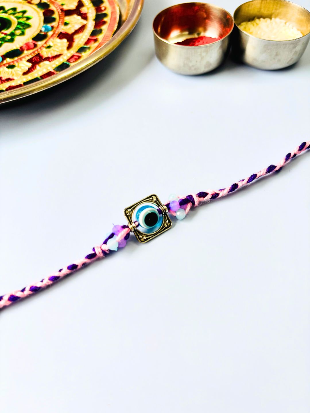 Evil Eye Oxidized Silver Lakshmi Maa Lumba Rakhi Set for Bhaiya Bhabhi with Roli Chawal