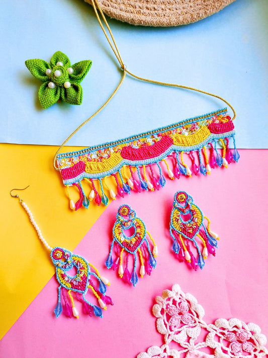 Femina Bridal Choker Maangtika Set (Pink and Yellow)