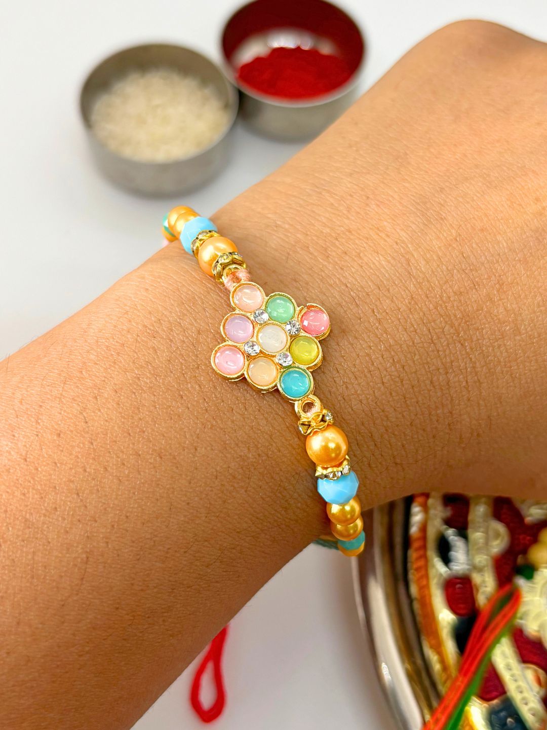 Cute Multicolor Stone Rakhi with Roli Chawal for Brother and Kids