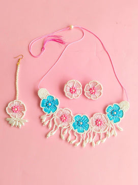 Flower Blossom Bridal Choker Maangtika Set (Pink and Blue)