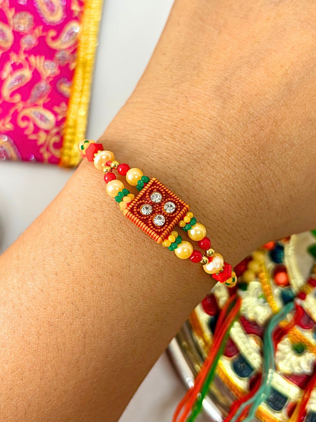 Traditional Embellishment Thread Rakhi with Roli Chawal for Brother (Pack of 3 Rakhis)