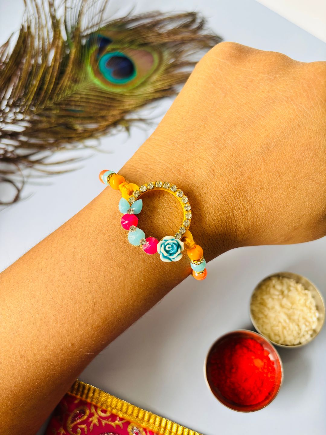 Cute Floral Kids Rakhi with Roli Chawal for Brother (Pack of 2)