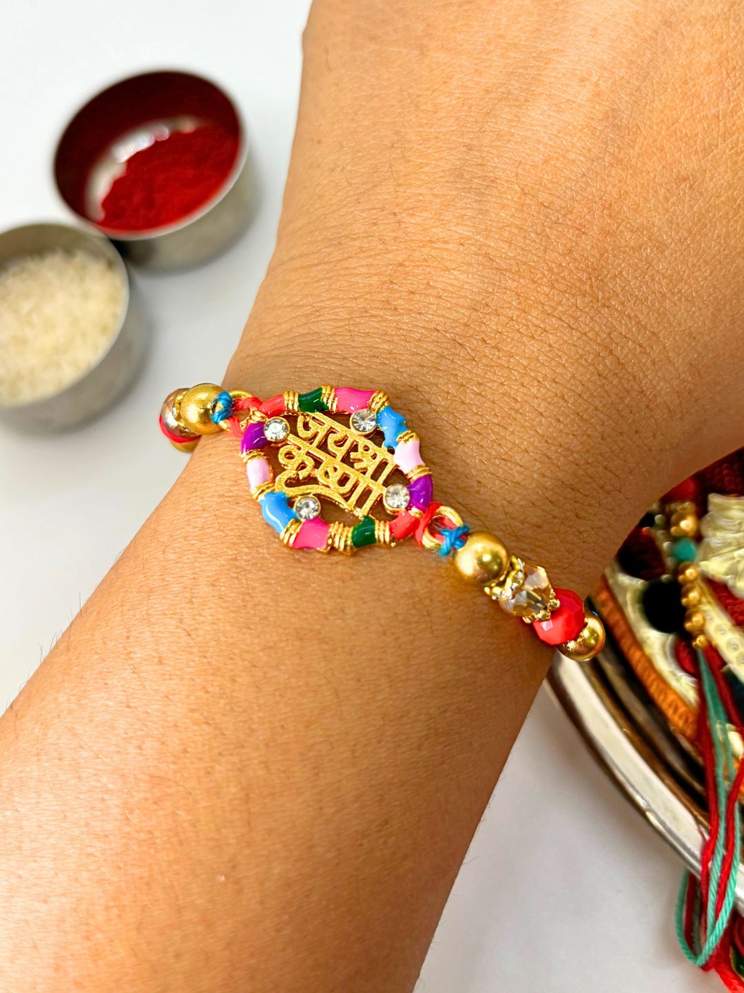 Traditional Shri Krishna Rakhi with Roli Chawal for Brother