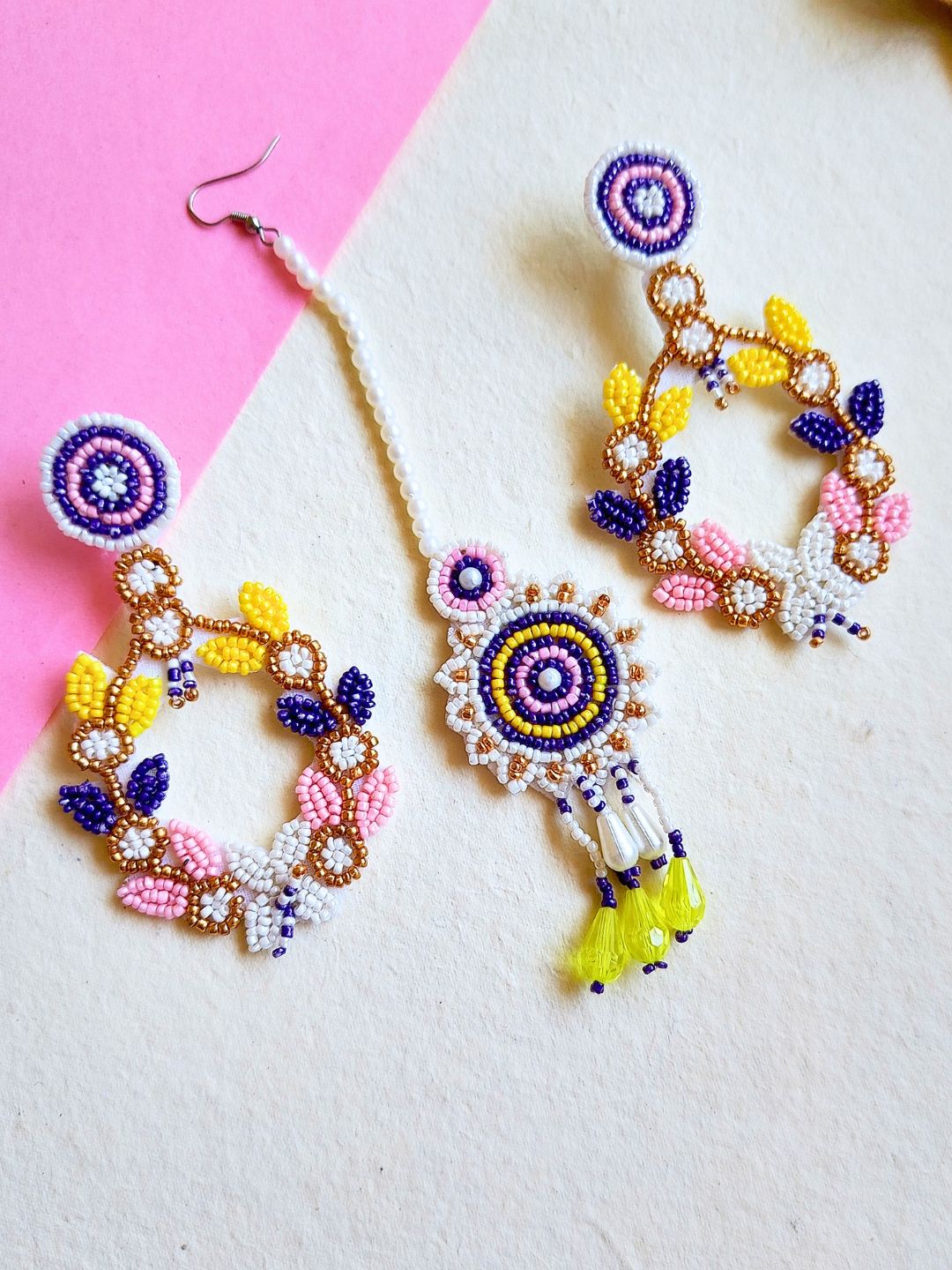 Zia Floral Maangtika Earrings Set (Purple)