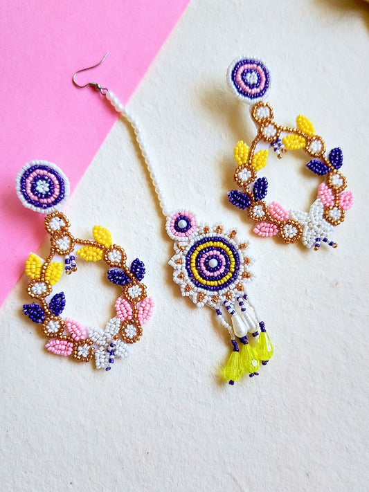 Zia Floral Maangtika Earrings Set (Purple)