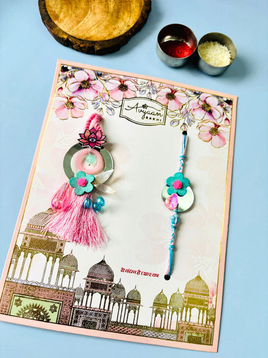 Floral Mirror Work Lumba Rakhi Set for Bhaiya Bhabhi with Roli Chawal