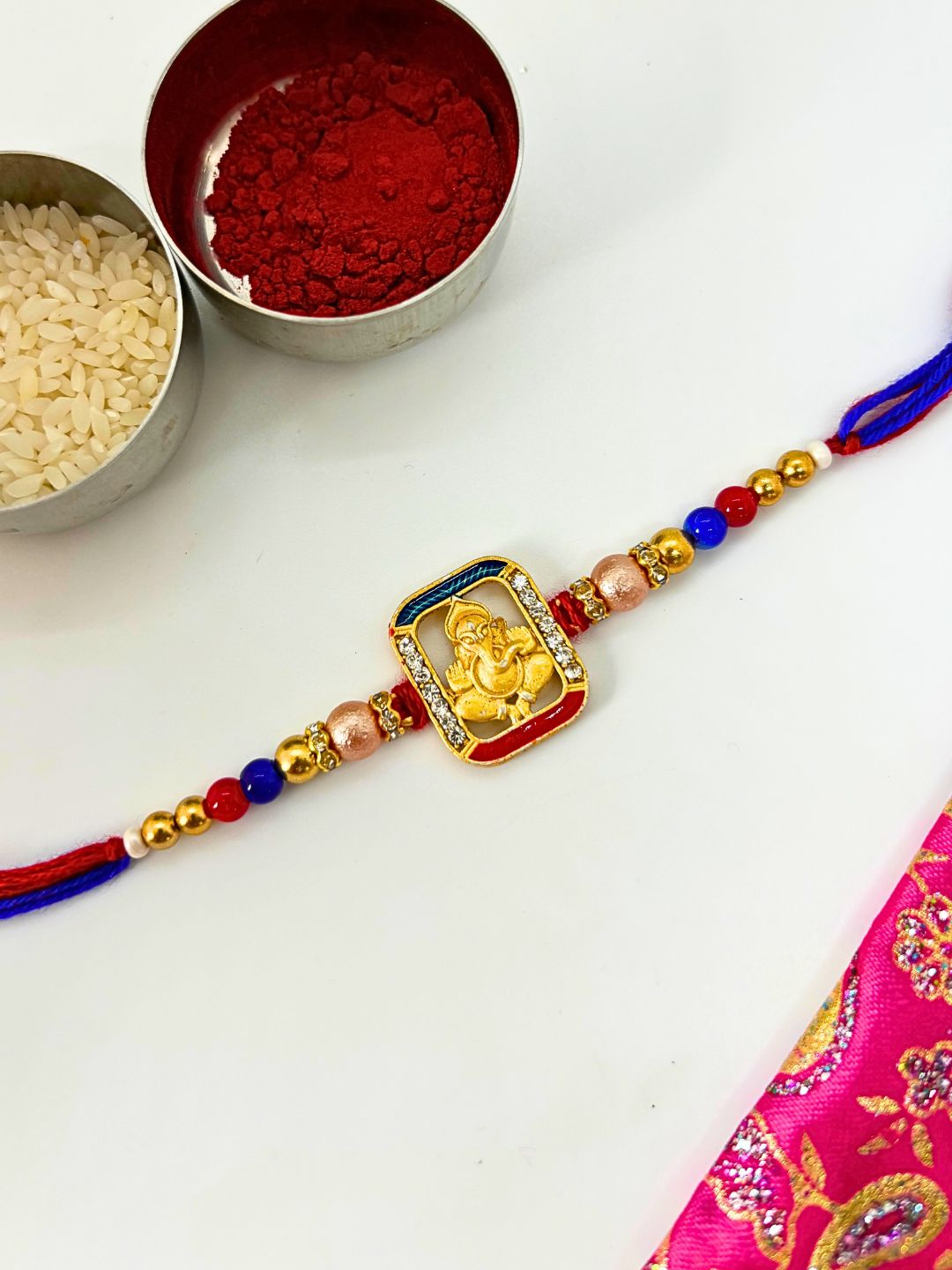 Traditional Ganeshji Meenakari Kundan Rakhi with Roli Chawal for Brother