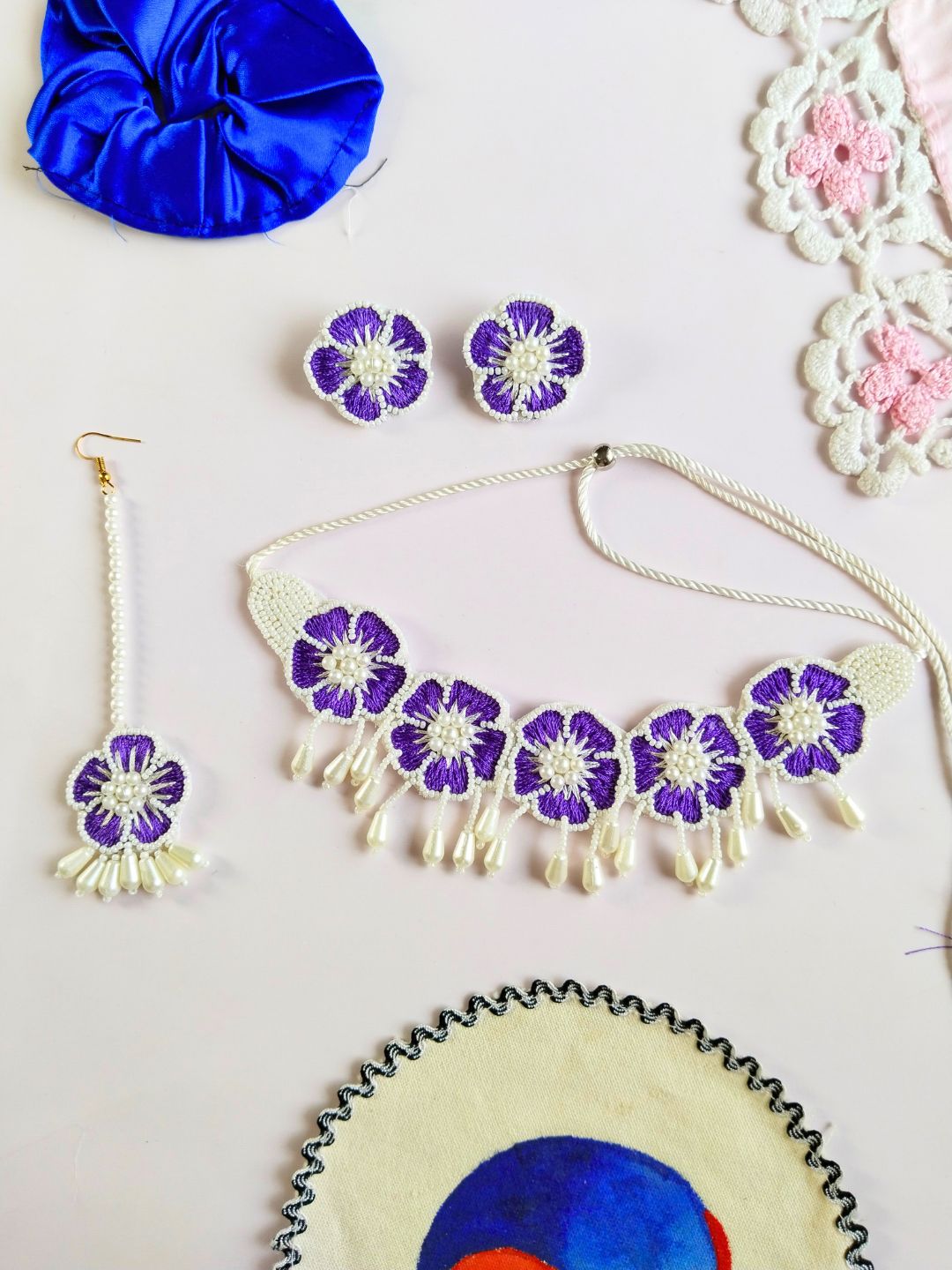 Flower Blossom Choker Maangtika Set (Purple)