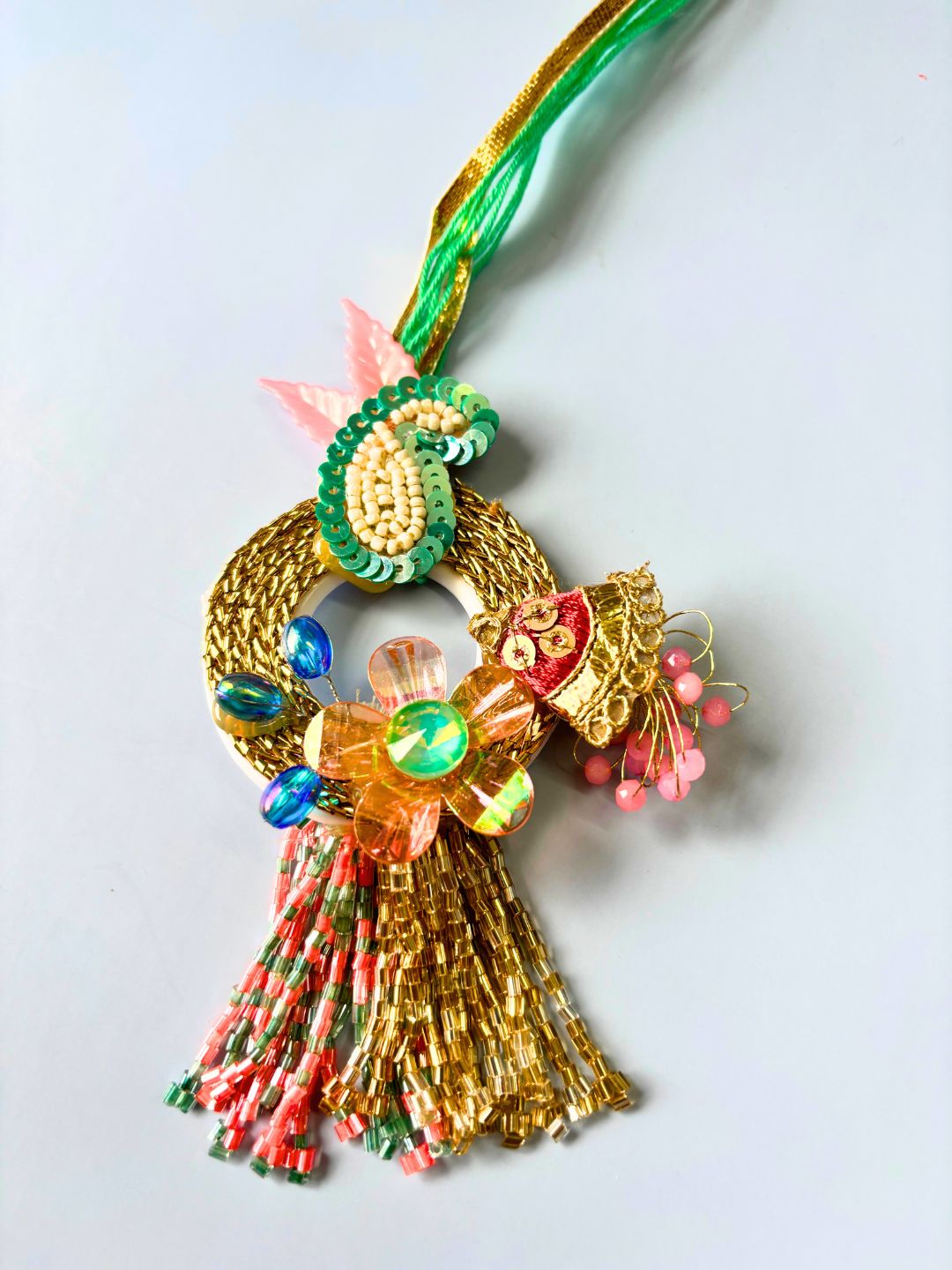 Peacock and Stone Accent Lumba Rakhi Set for Bhaiya Bhabhi with Roli Chawal