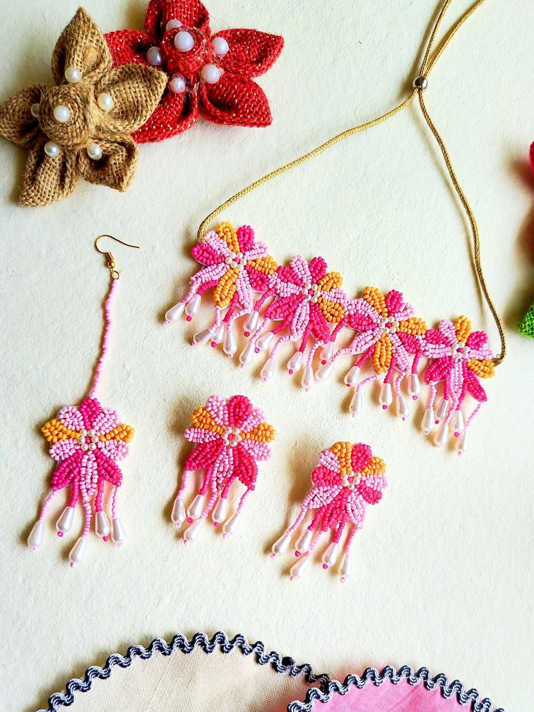 Rang Floral Bridal Choker Maangtika Set (Pink and Yellow)