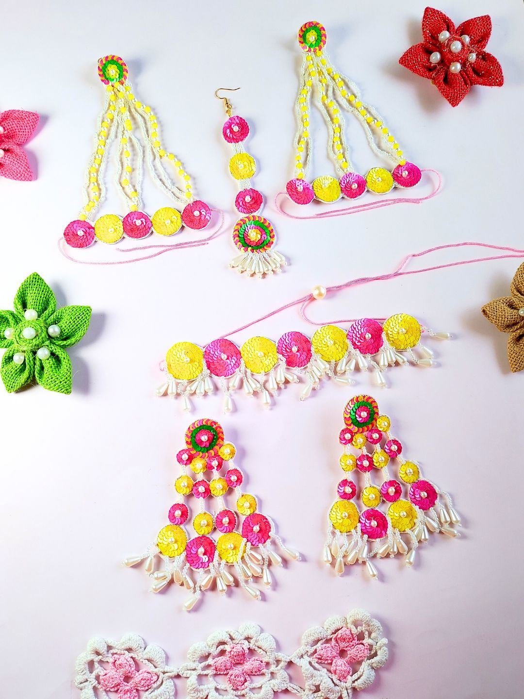 Sequina Necklace Bridal Jewellery Set (Pink and Yellow)