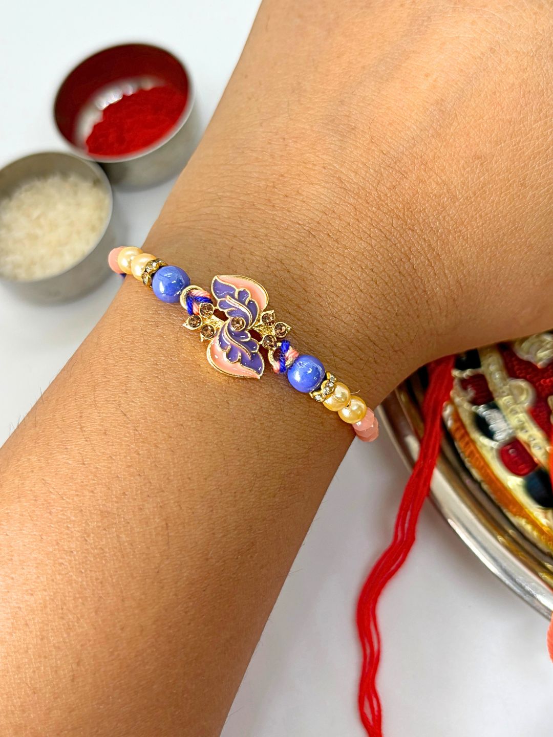 Meenakari Rakhi with Roli Chawal for Brother (Lavender Peach)