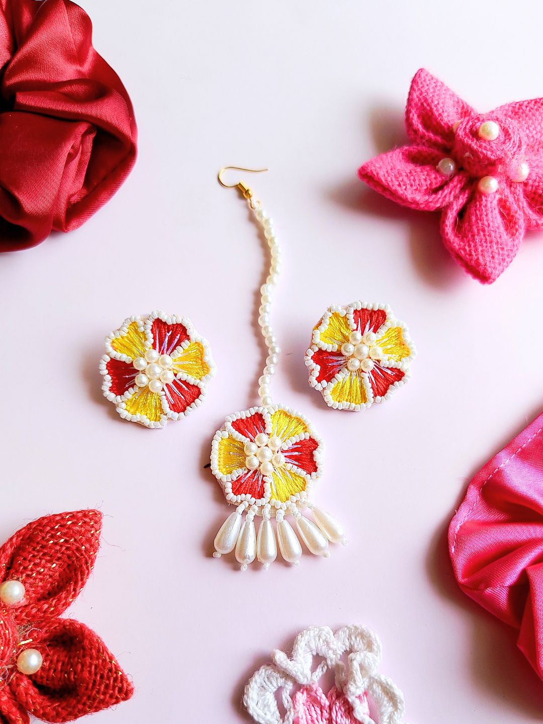 Flower Blossom Maangtika Earrings Set (Red-Yellow)