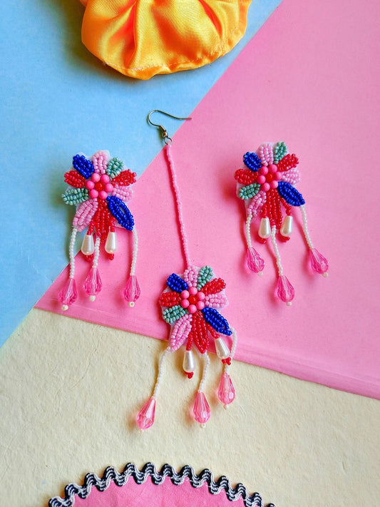 Rang Floral Maangtika Earrings Set (Pink Blue Green)