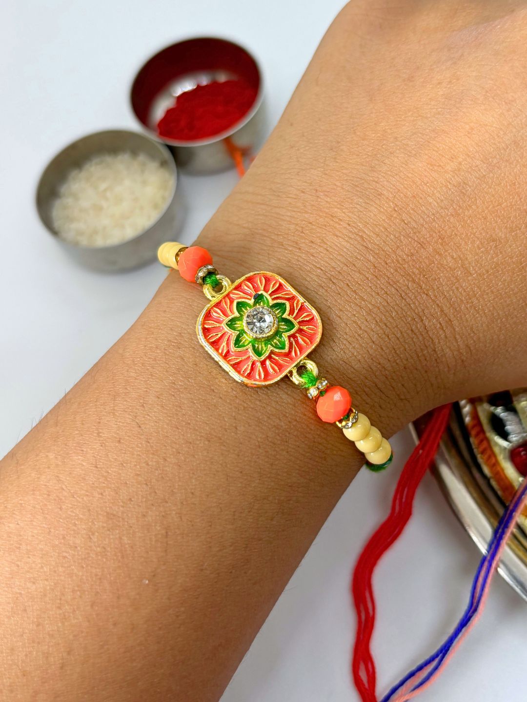 Traditional Meenakari Kundan Rakhi with Roli Chawal for Brother (Pack of 2 Unique Rakhi)