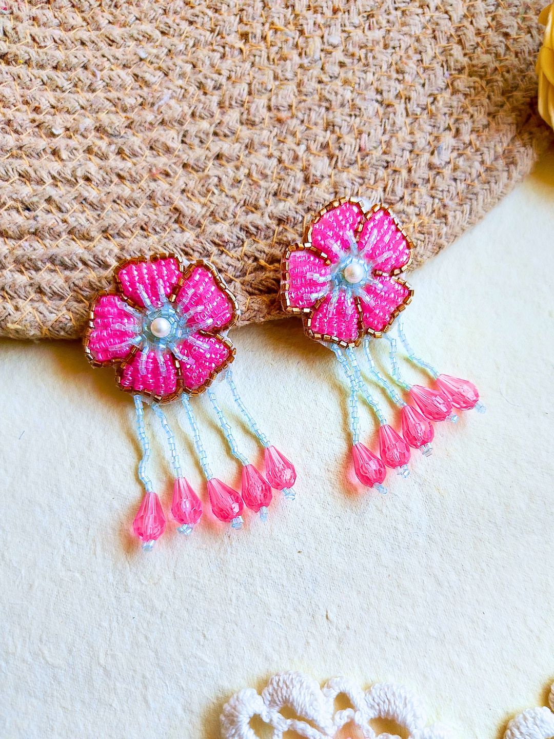 Floral Bridal Maangtika Eaarings Set (Pink and Blue)