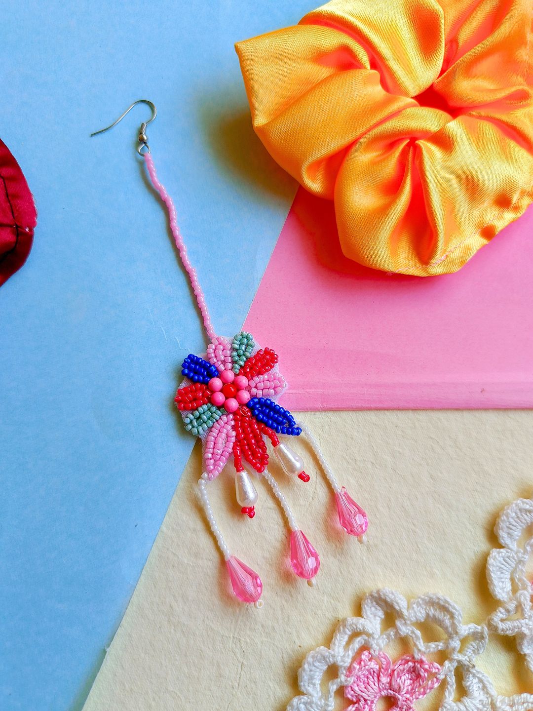 Rang Floral Maangtika Earrings Set (Pink Blue Green)