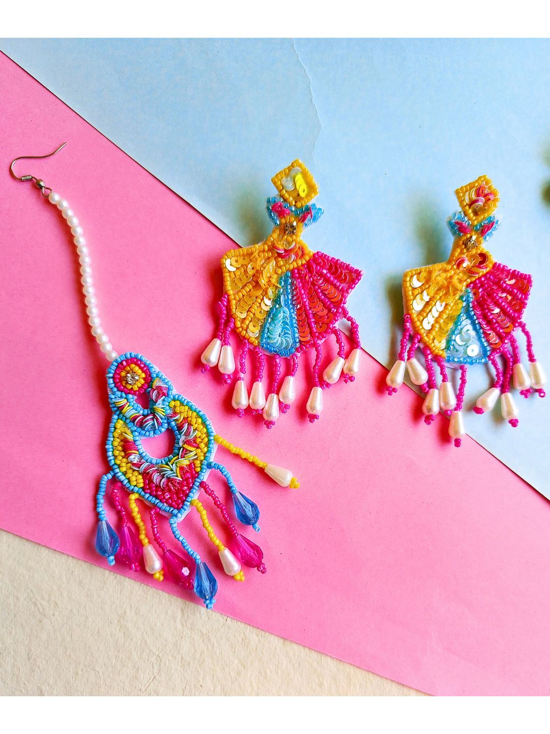 Florentina Bridal Maangtika Earrings Set (Pink and Yellow)