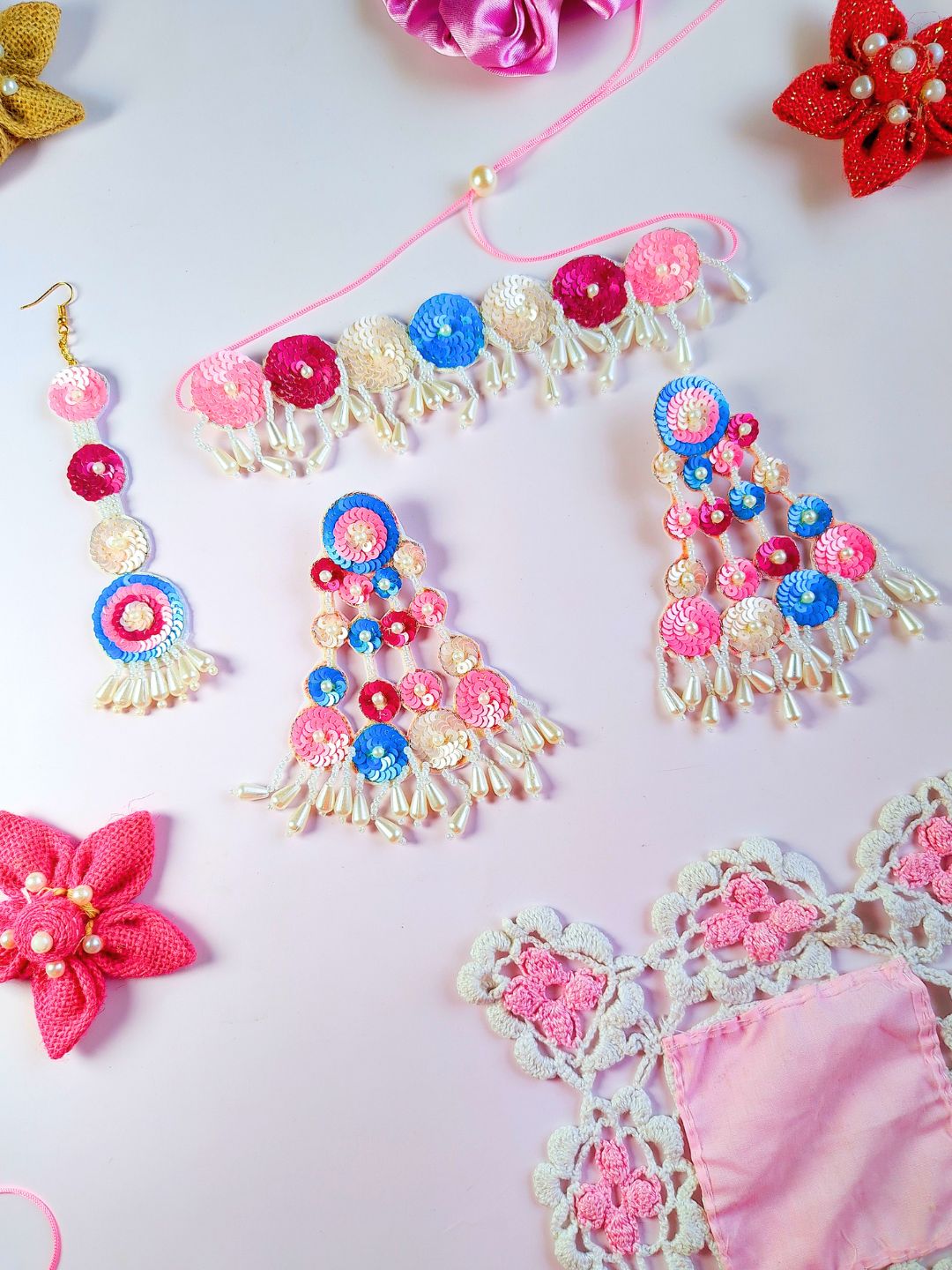 Sequina Choker Maangtika Set (Pink and Blue)