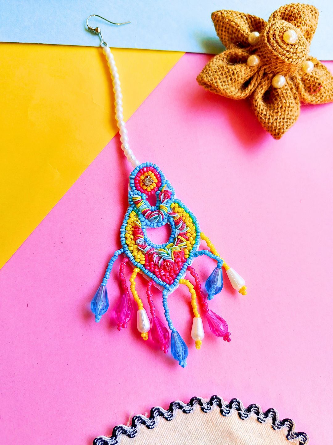 Femina Bridal Maangtika Earrings Set (Pink and Yellow)