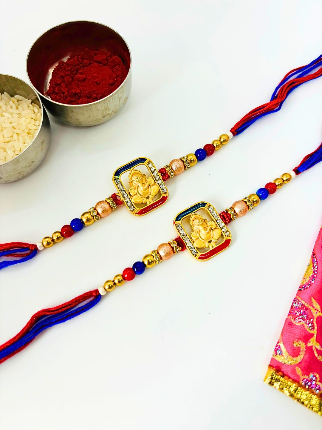 Traditional Ganeshji Meenakari Kundan Rakhi with Roli Chawal for Brother (Pack of 2)