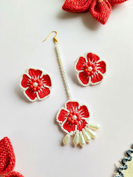 Flower Blossom Maangtika Earrings Set (Red)