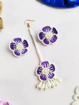 Flower Blossom Maangtika Earrings Set (Purple)