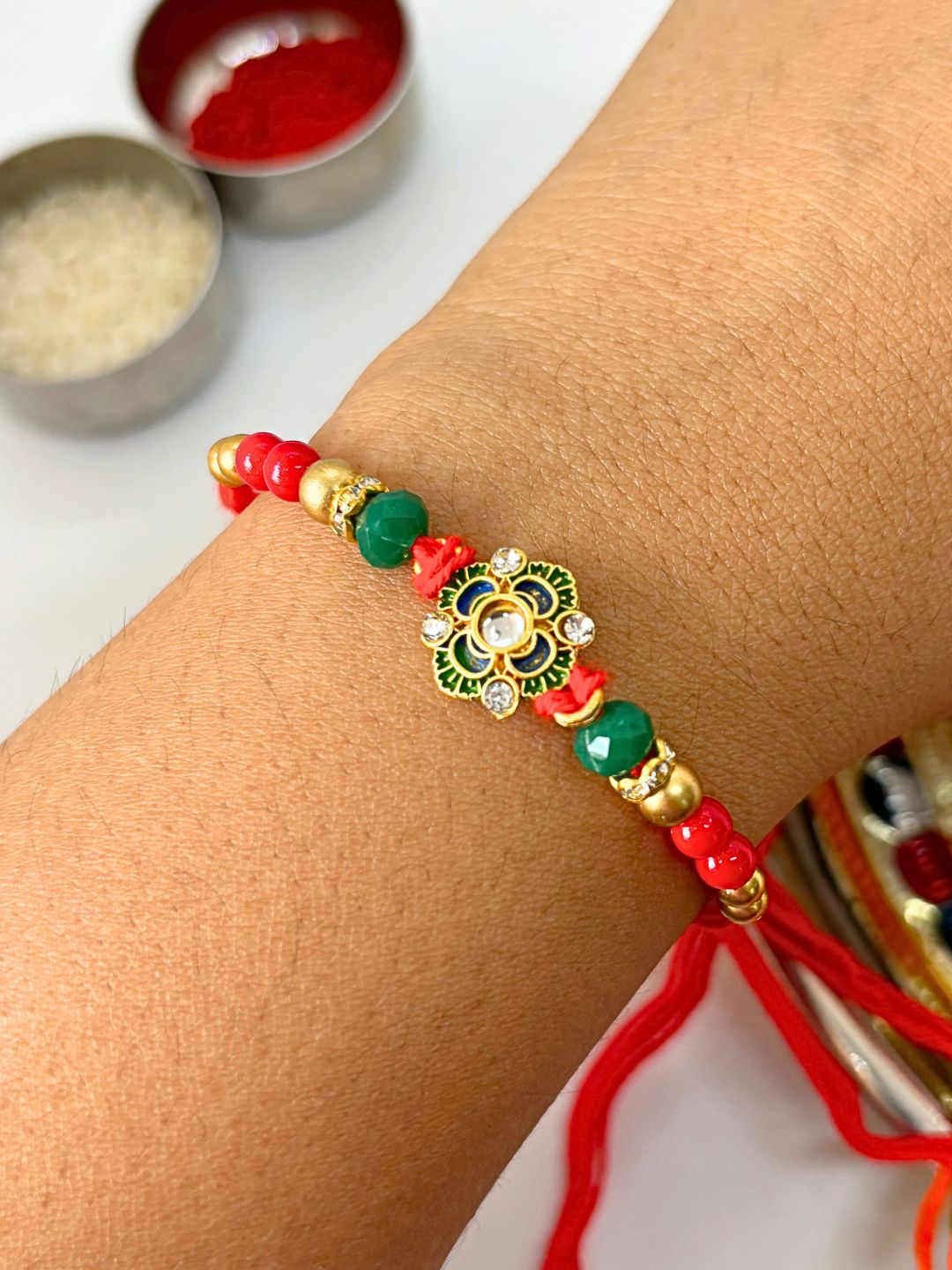 Traditional Kundan Rakhi with Roli Chawal for Brother - Floral Accent (Pack of 1)