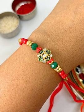 Traditional Kundan Rakhi with Roli Chawal for Brother - Floral Accent (Pack of 1)