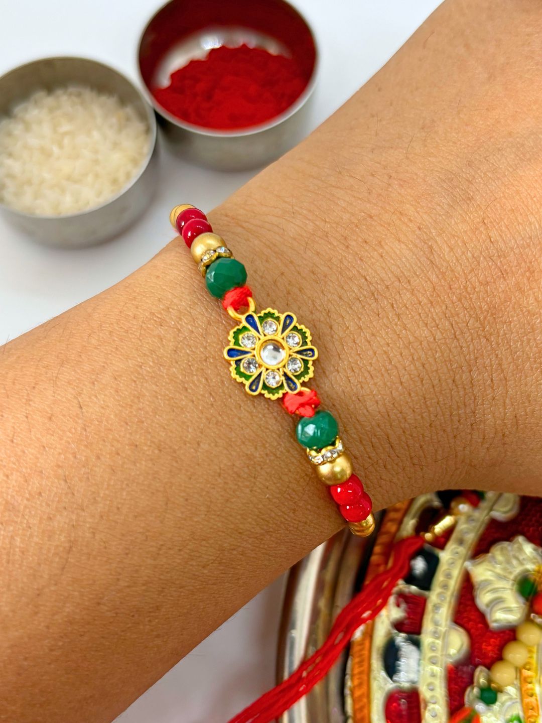 Traditional Kundan Rakhi with Roli Chawal for Brother - Flower Accent (Pack of 2)