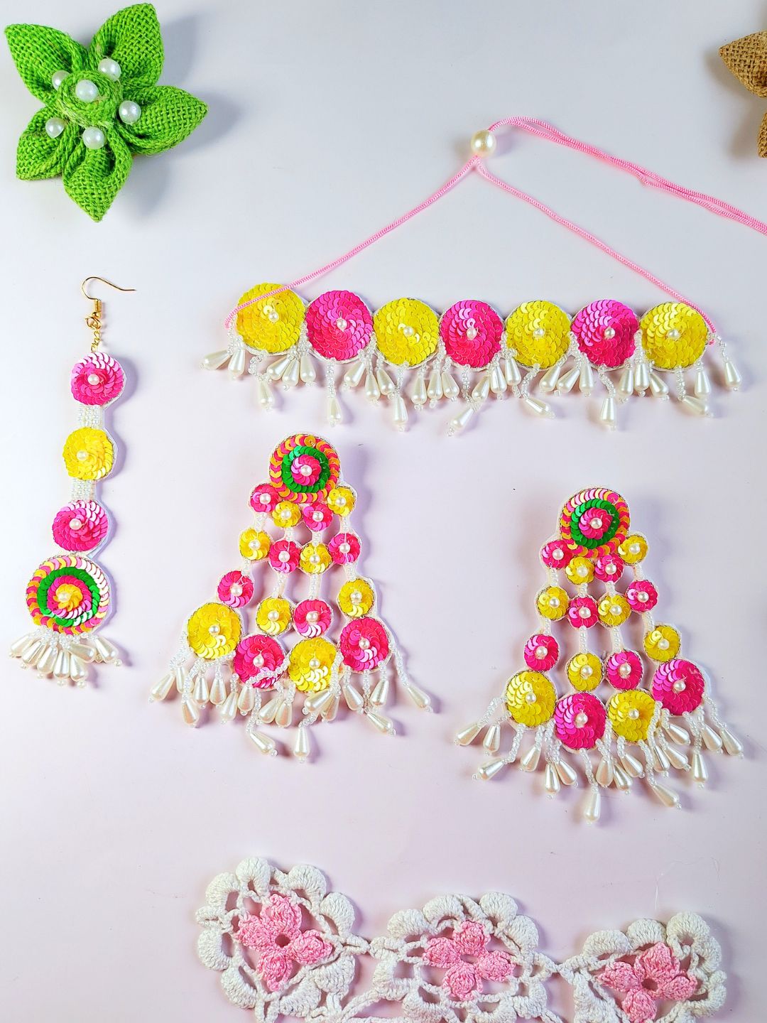 Sequina Necklace Bridal Choker Maangtika Set (Pink and Yellow)