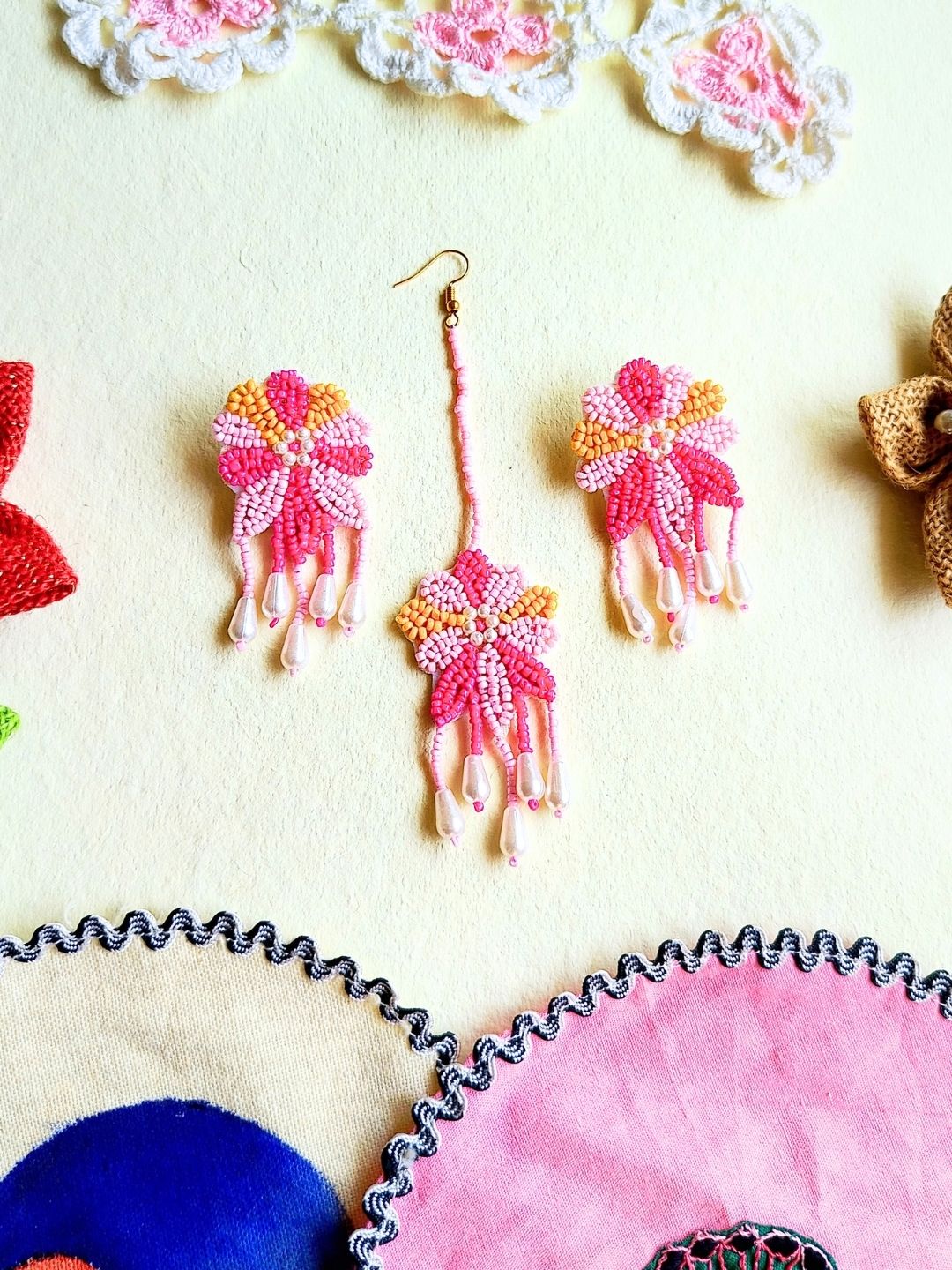 Rang Floral Maangtika Earrings Set (Pink and Yellow)